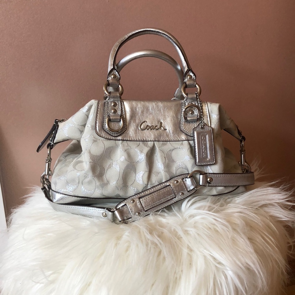 Y2K era silver and white coat top handle bag